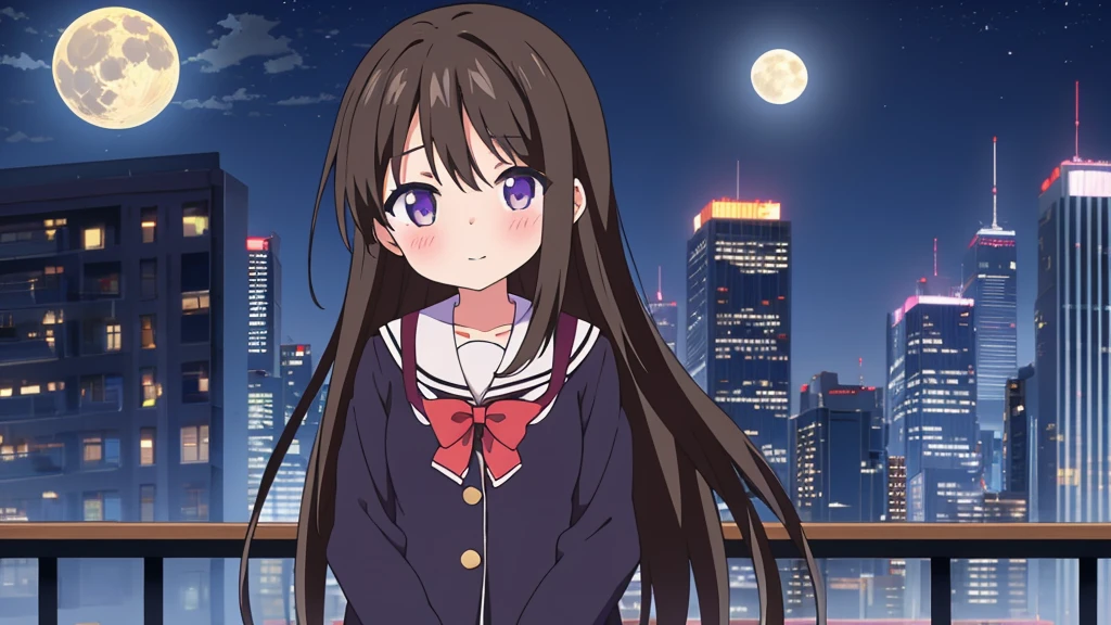 Shinjuku skyscraper district full moon night big moon elementary school girl 8-year-old flat chest black hair long hair eyes are purple ((1 person)) Cardigan on top of white long-sleeved sailor uniform Lower body navy blue