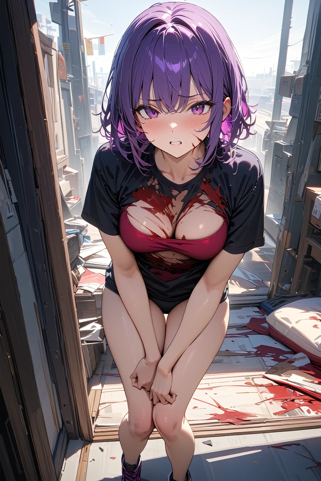 (masterpiece, best quality:1.5), (ultra detailed, high resolution, 8k, beautiful detailed, UHD, best anatomy), purple hair, medium breasts, 1 cool girl, A frightened look on your face, full body shot, Numerous bloody wounds, Y-shirt