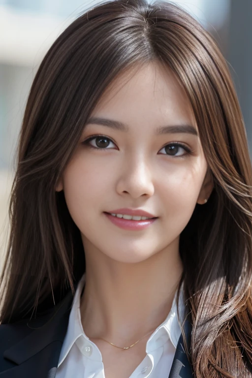 masutepiece, Best Quality, Photorealistic, Ultra-detailed, finely detail, High resolution, 8K Wallpaper, 1 beautiful woman,, light brown messy hair, in a business suit, foco nítido, Perfect dynamic composition, Beautiful detailed eyes, detailed hairs, Detailed realistic skin texture, Smiling, Close-up portrait, Model body type
