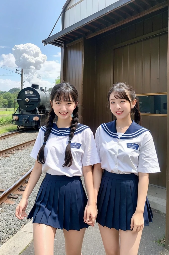 2 girls in rural station,train on far side,cumulonimbus cloud in summer sky,short-sleeved white shirt with sailor collar,navy blue pleated skirt,18-year-old,bangs,a little smile,thighs,knees,short hair with low pigtails bunches,from beside,front light