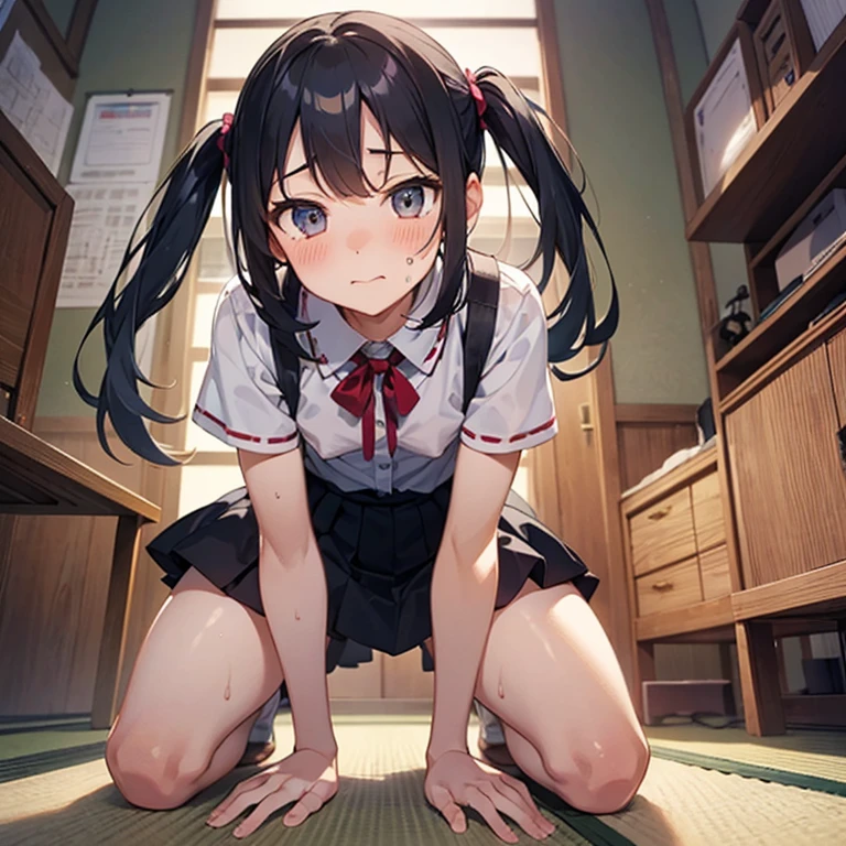 from below, nipples, sweat, 12 years old girls, small breast, embarrassed, indoor, shoji, tatami, slim legs, slim girl, from below, girl bend over kneeling, (masterpiece:1.2), highest quality, High resolution, black hair, Perfect lighting, Highly detailed CG, (Perfect hands, Perfect Anatomy)