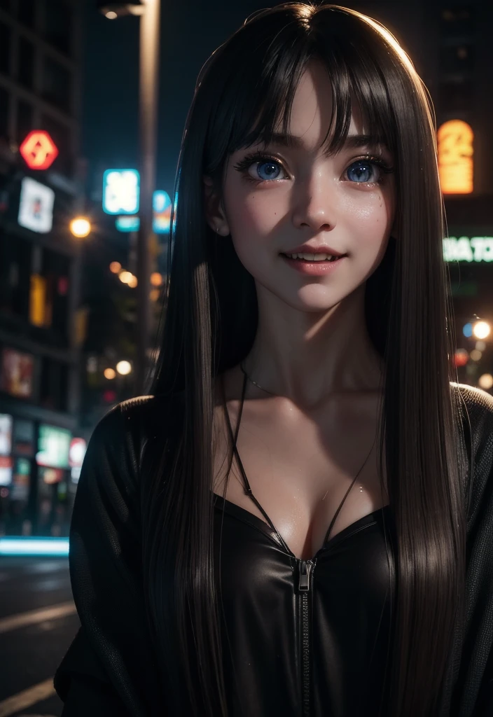 masterpiece, best quality, half body, portrait, night city, 1girl, anime, 3D, Japan, pixar, realistic, teen girl, smiling, cute face, harajuku fashion style, rain coat, beautiful, colourful, neon lights, cyberpunk, smooth skin, illustration, artstation, painting by stanley artgerm lau, sideways glance, foreshortening, extremely detailed 8K, smooth, high resolution, ultra quality, highly detail eyes, highly detail mouth, highly detailed face, perfect eyes, both eyes are the same, true light, glare, Iridescent, Global illumination, (long straight hair), (side comb hair), Big Breasts:1.7, real light, real shadow, real face, hd, 2k, 4k, 8k, 16k, realistic light, realistic shadow, bright Eyes, fluorescent eyes, soft light, dream light