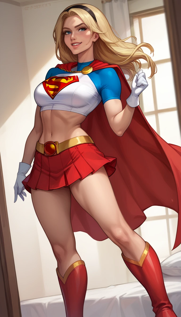 score_9, score_8_up, score_7_up, source_cartoon, BREAK 1girl, solo, Supergirl \(DC Animated Universe\), (long blonde hair:1.2), (black hairband:1.2), (white crop top, short sleeves:1.2), (short red cape:1.2), (short stretchy skirt, tight, blue:1.3), (white gloves:1.2), (red boots:1.2), looking at viewer, parted lips, smiling, mature woman, hot, in her bedroom, model poses.