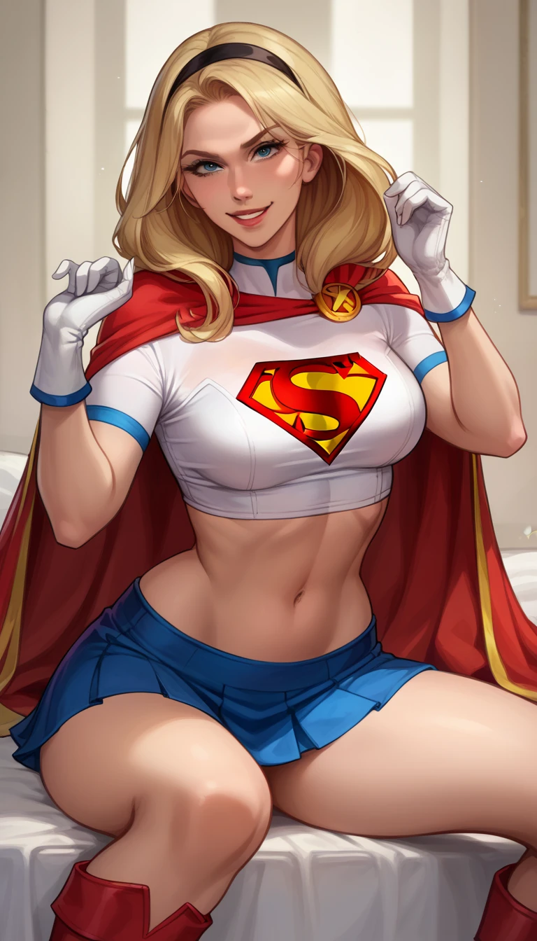 score_9, score_8_up, score_7_up, source_cartoon, BREAK 1girl, solo, Supergirl \(DC Animated Universe\), (long blonde hair:1.2), (black hairband:1.2), (white crop top, short sleeves:1.2), (short red cape:1.2), (short stretchy skirt, tight, blue:1.3), (white gloves:1.2), (red boots:1.2), looking at viewer, parted lips, smiling, mature woman, hot, in her bedroom, model poses.