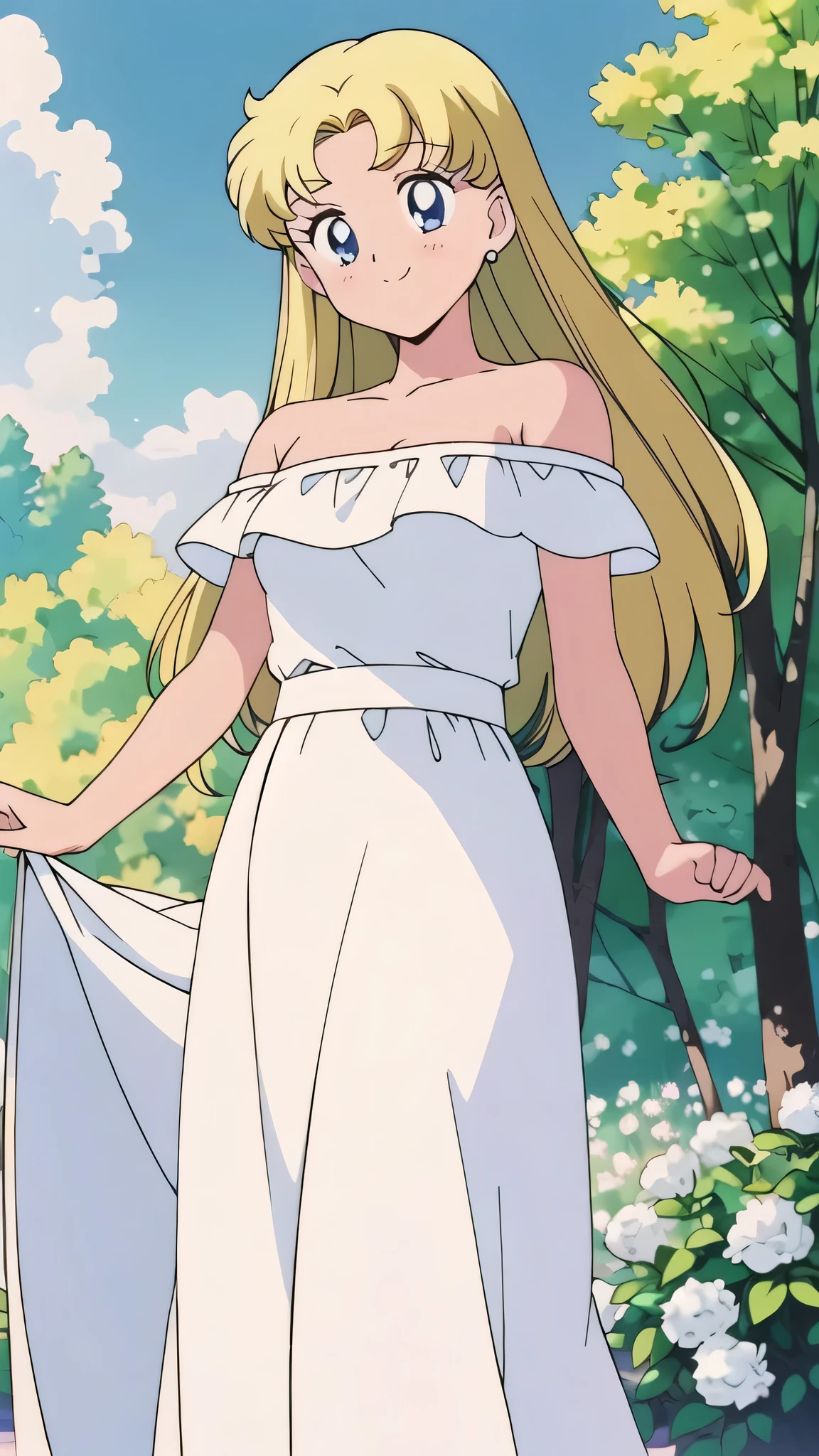 (retro anime girl:1.2), (white dress:1.1), (masterpiece:1.2), (best quality), (ultra detailed), (8k,4k), (half body:1.2), (cowboy:1.2), (close up:1.2), (highly detailed:1.2), (Ruffle Off-the-shoulder top:1.4), (Maxi skirt:1.4), Usagi Tsukino, 1 girl, solo, Best quality, masterpiece, High Definition, Teenager, Blue Eyes, Beautiful Detail Eyes, Blonde Hair, Blonde Medium Hair, Good hands at sides, Smile, Blushing, Bare Neck, Bare Arms, Bare Shoulders, short sleeve, Strapless, White Ruffle Off-the-Shoulder Top, White Off-the-shoulder Dress, White maxi dress, standing at the forest with two columns, yellow flowers bushes, white roses, blue skies, Close up,