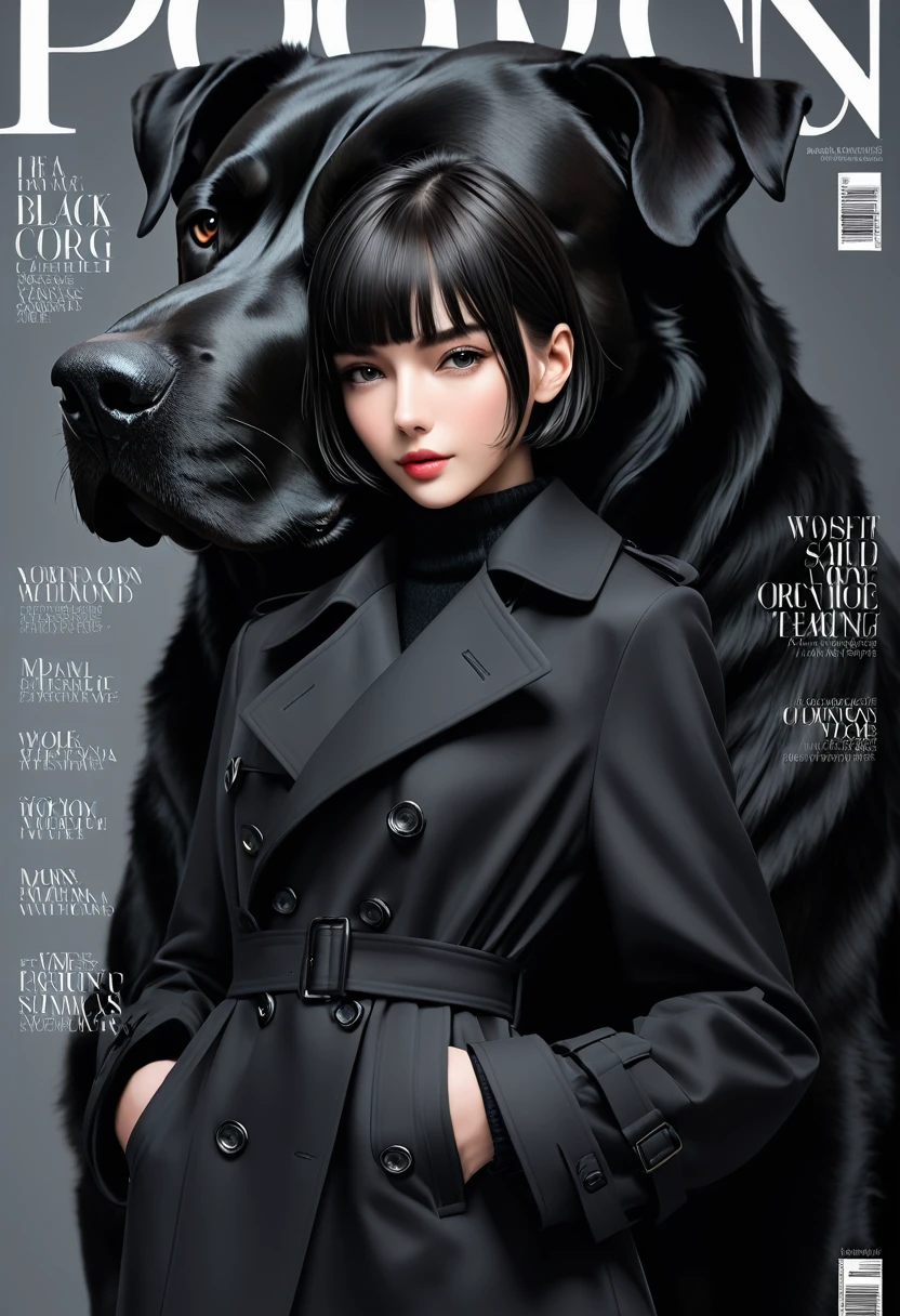Magazine design，Fashion magazine cover，Black trench coat，Short hair girl，Handsome，A big black dog