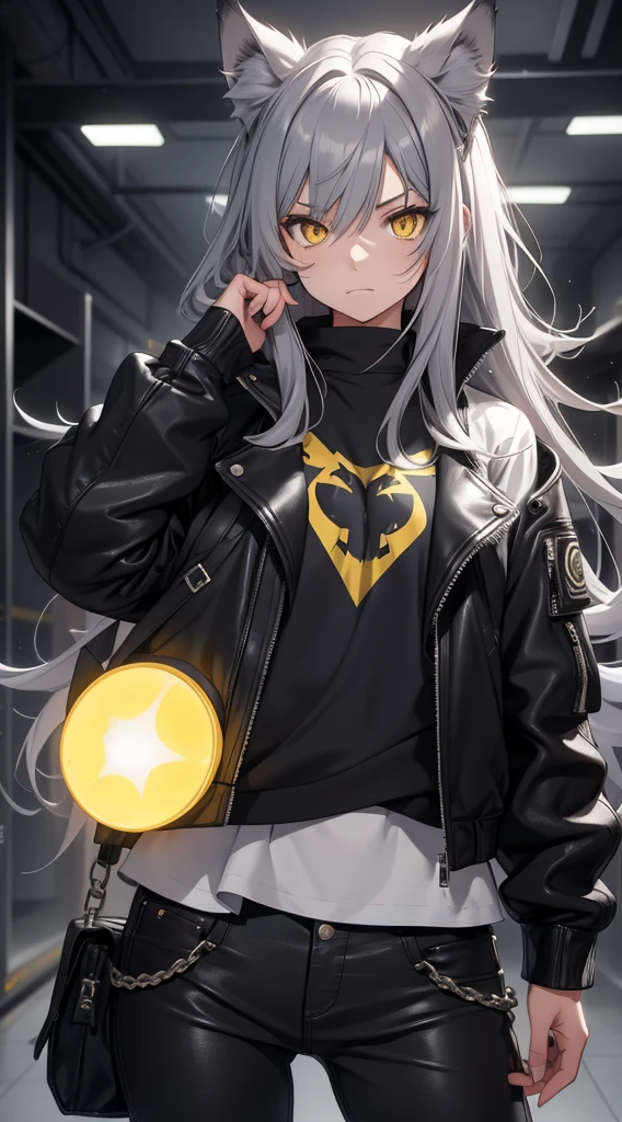 young girl, Long gray wild hair, wolf ears, yellow eyes, punk, blue leather jacket, black school pants, glowing eyes, small breasts, facing front, Masterpiece, hiquality