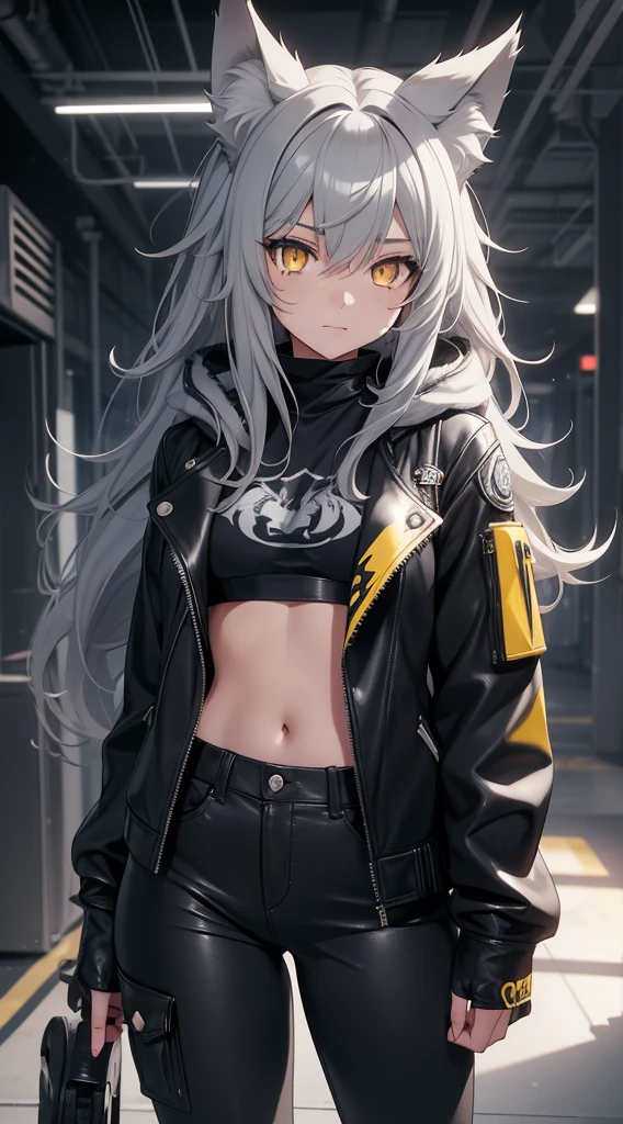 young girl, Long gray wild hair, wolf ears, yellow eyes, punk, blue leather jacket, black school pants, glowing eyes, small breasts, facing front, Masterpiece, hiquality