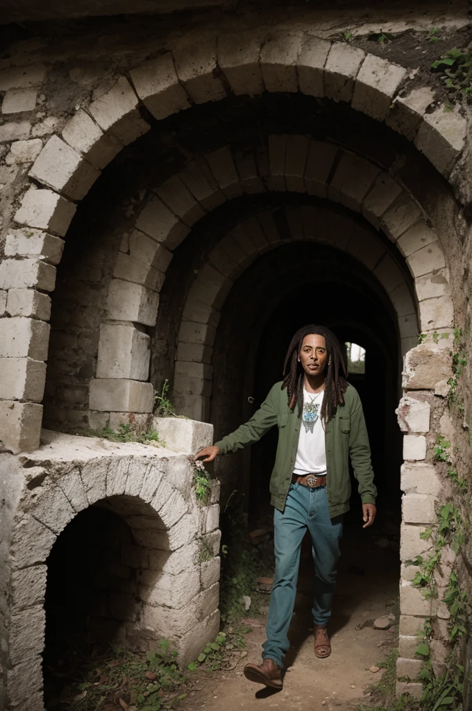 Bob Marley emerging from a catacomb in the middle of a cemetery