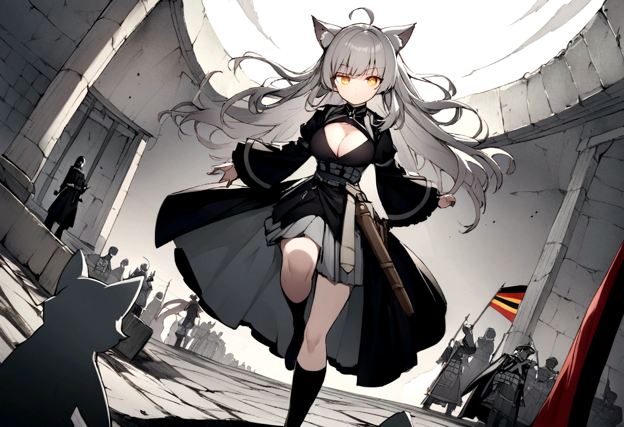 Dynamic Angles、Raising the German flag、Suspicious Gathering、Surrounded by enemieasterpiece, best quality:1.2), 1girl, 独奏、Gray cat ears、Grey long hair、Ahoge、Yellow Eyes、Gray cat ears、Background of military bases、Fisheye Lens、battlefield、Shadows of light and darkness、Expressionless、Grim face、battle、Black knee socks、Cleavage、