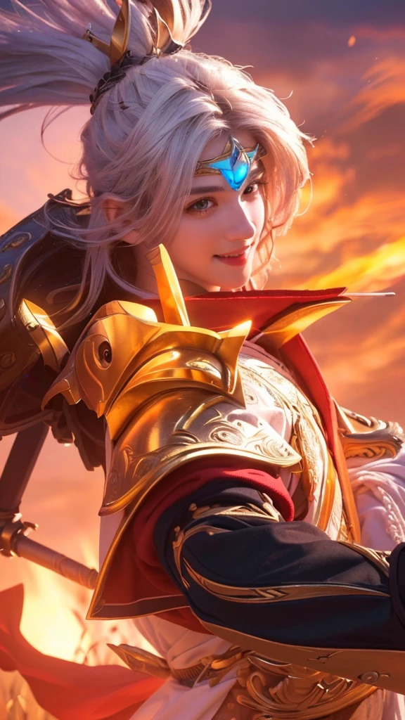 a close up of a man with a spear in a field, detailed face,extremely detailed face and eyes,smile,man holding a spear,dramatic lighting,cinematic,epic,intricate details,photorealistic,8k,highly detailed,masterpiece