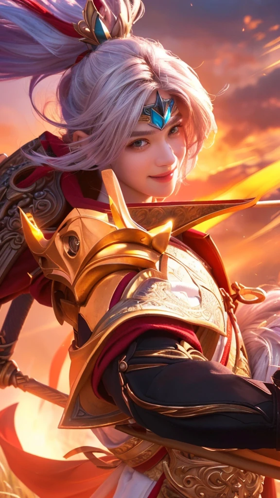 a close up of a man with a spear in a field, detailed face,extremely detailed face and eyes,smile,man holding a spear,dramatic lighting,cinematic,epic,intricate details,photorealistic,8k,highly detailed,masterpiece