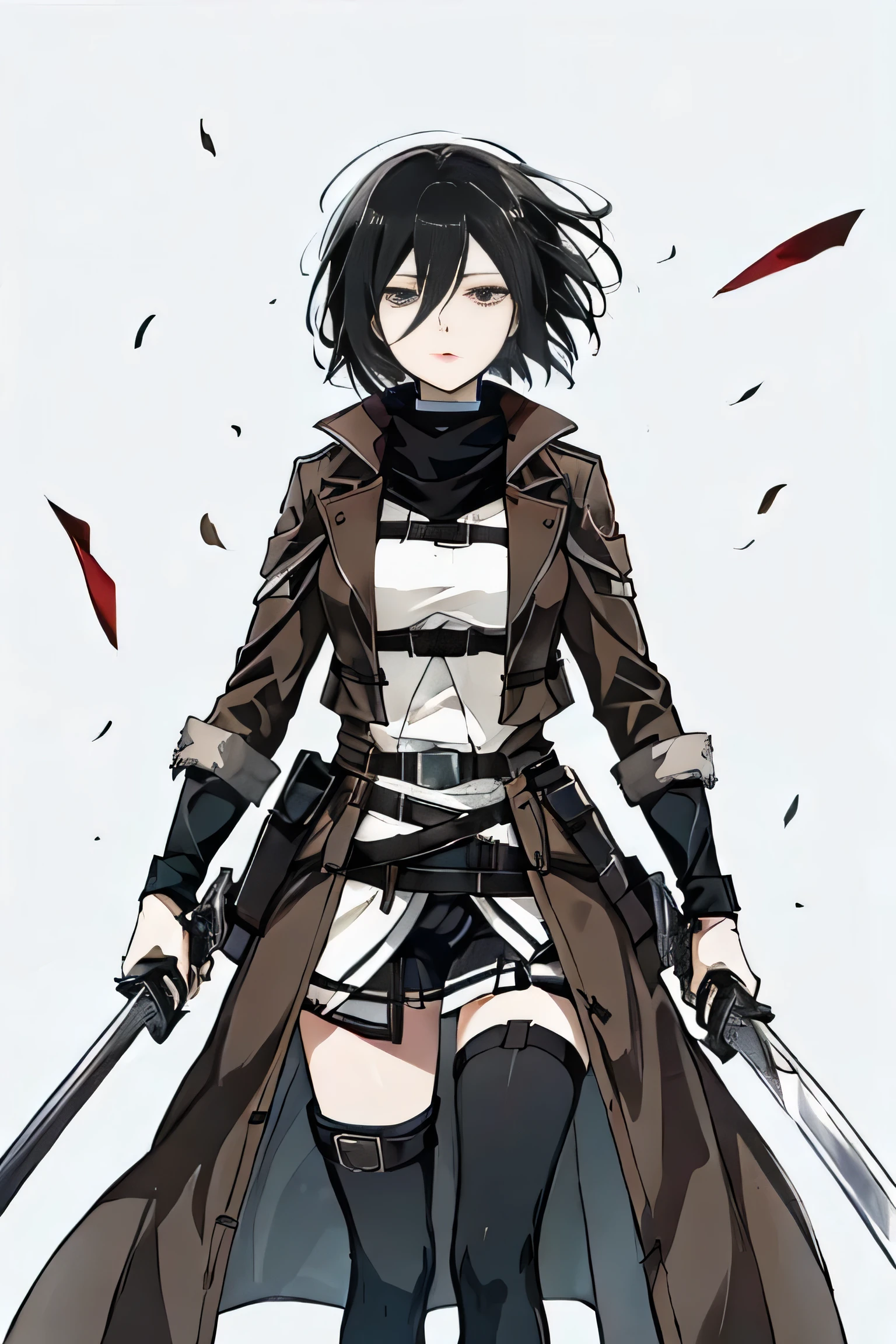 A woman,Black short hair,Mikasa,Brown coat,Waist,Two swords,Cold expression