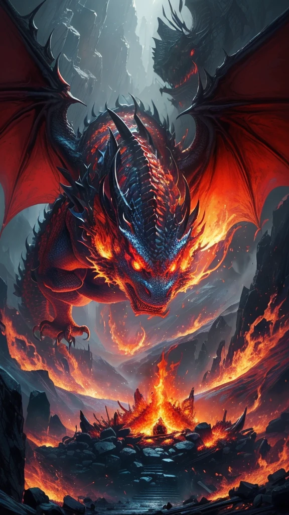 (best quality,16k,32k,highres,masterpiece:1.2),ultra-detailed,(realistic,photorealistic,photo-realistic:1.37),(The ultimate Orochi dragon) glowing red eyes realistic fire background of totally destroyed mountain alone looking at the camera serious expression.
