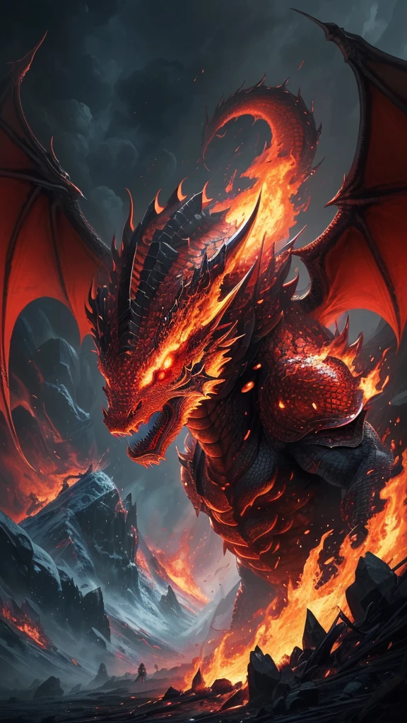 (best quality,16k,32k,highres,masterpiece:1.2),ultra-detailed,(realistic,photorealistic,photo-realistic:1.37),(The ultimate Orochi dragon) glowing red eyes realistic fire background of totally destroyed mountain alone looking at the camera serious expression.