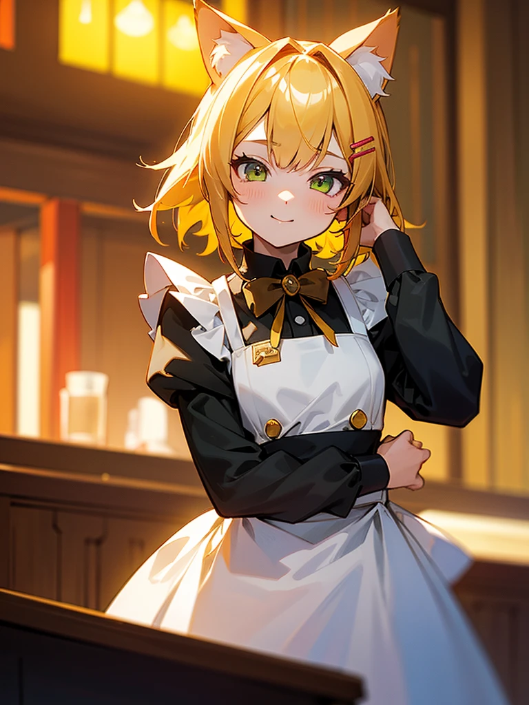 1girl, loli, maid outfit, short golden yellow hair, hair clip:red, emerald green eyes, cat ears, neko mimi, cute sweet smile, extremely detailed anime style, best quality, 4k, 8k, highres, masterpiece:1.2, ultra-detailed, HDR, UHD, studio lighting, ultra-fine painting, sharp focus, physically-based rendering, extreme detail description, professional, vivid colors, bokeh, inside bar,