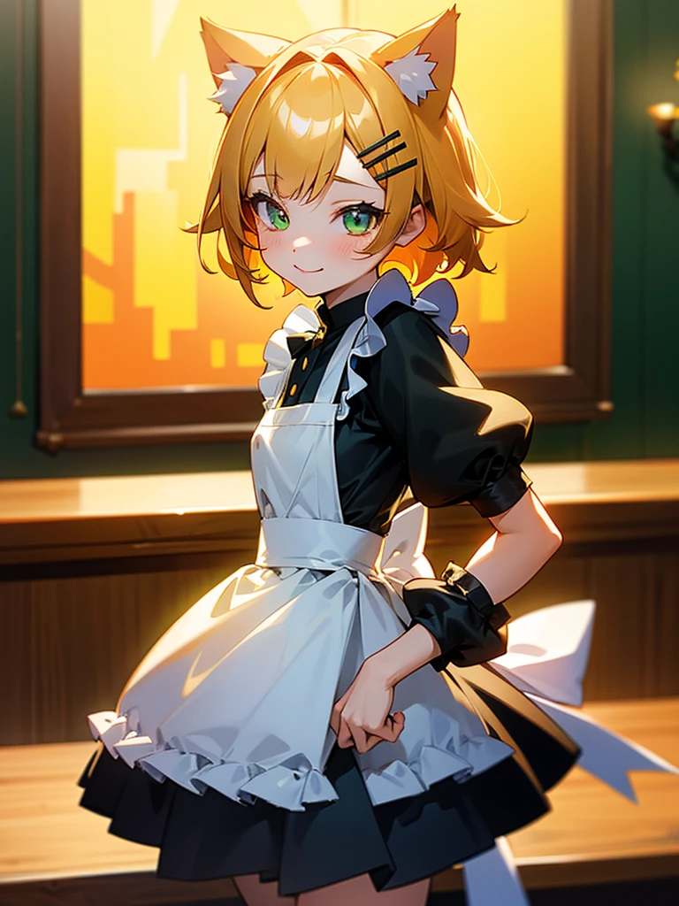 1girl, loli, maid outfit, short golden yellow hair, hair clip:red, emerald green eyes, cat ears, neko mimi, cute sweet smile, extremely detailed anime style, best quality, 4k, 8k, highres, masterpiece:1.2, ultra-detailed, HDR, UHD, studio lighting, ultra-fine painting, sharp focus, physically-based rendering, extreme detail description, professional, vivid colors, bokeh, inside bar,