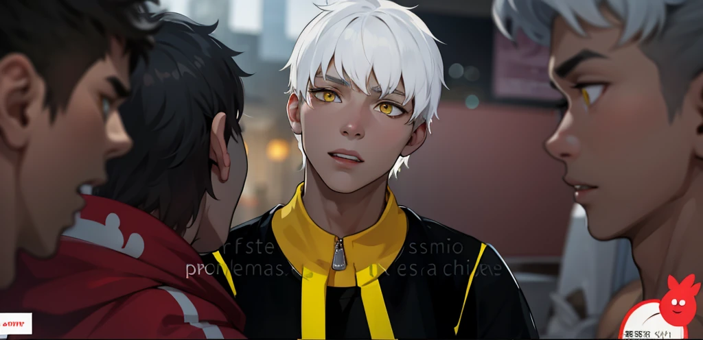 cute 17 year old boy, yellow eyes, white hair, speaking calmly