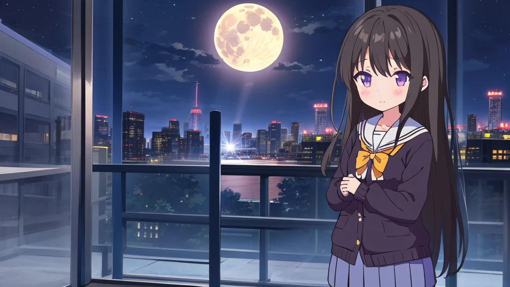 Shinjuku skyscraper district full moon night big moon elementary school girl 8-year-old flat chest black hair long hair eyes are purple ((1 person)) Cardigan on top of white long-sleeved sailor uniform Lower body navy blue full body