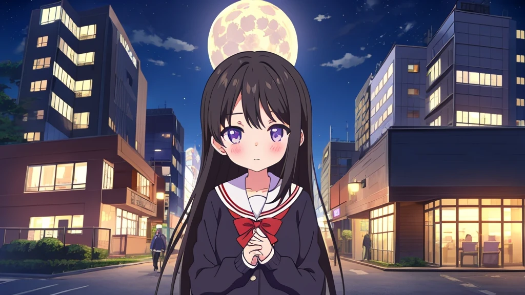 Shinjuku skyscraper district full moon night big moon elementary school girl 8-year-old flat chest black hair long hair eyes are purple ((1 person)) Cardigan on top of white long-sleeved sailor uniform Lower body navy blue full body