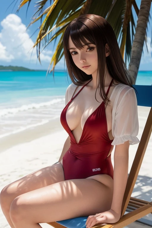 creates an anime girl with a red swimsuit taking off a white blouse, 24 years old in a tropical beach landscape and sitting on a beach chair