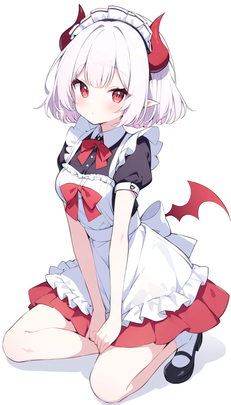 Teenage girl, devil girl, little red horns, white hair, short fluffy hair, big red eyes, pale skin, rosy cheeks, medium breasts, red cheeks, maid outfit. white background, full body