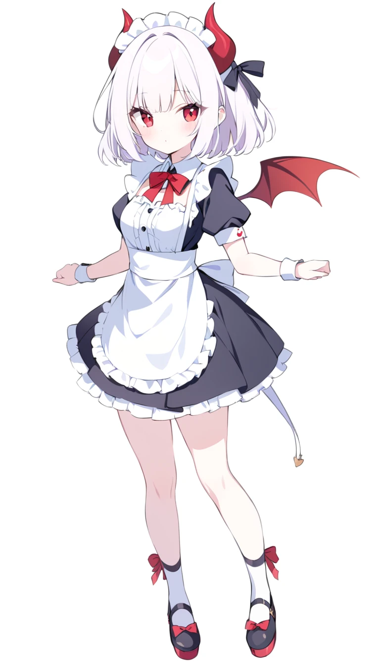 Teenage girl, devil girl, little red horns, white hair, short fluffy hair, big red eyes, pale skin, rosy cheeks, medium breasts, red cheeks, maid outfit. white background, full body