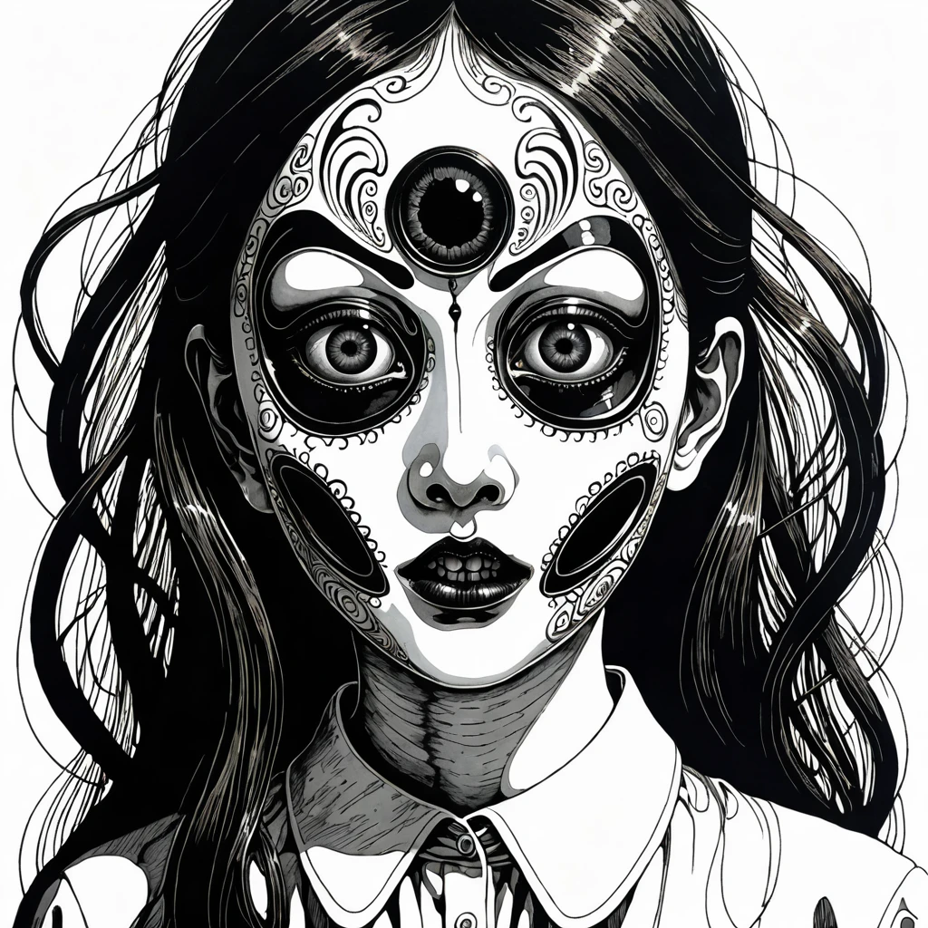 A girl with contorted face,grotesque mask,haunting,detailed,Junji Ito style,creepy,unsettling,horror,macabre,empty eyes,disturbing,unique