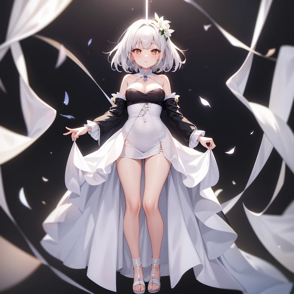 (((White Wedding Dress))), ((Revealing clothing)),((In a naughty way)),Cute little loli,Tiny Lori,Small girl,,Childish face, Very fine clean face,Top quality, Big eyes,Straight Hair,Yellow hair,Crimson Eye,(Dark Room), Subtle light, Natural light,Soft lighting,Light from directly behind, (Are standing), Cute pose, (Open your hands), Showing the whole body,Front view,Black background
