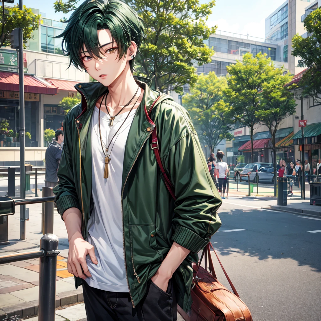 anime panel,upper body, 1Male,solo Korean, attractive man, dark green hair, medium hair, gray slanted eyes, casual clothes, necklace, piercing, park background