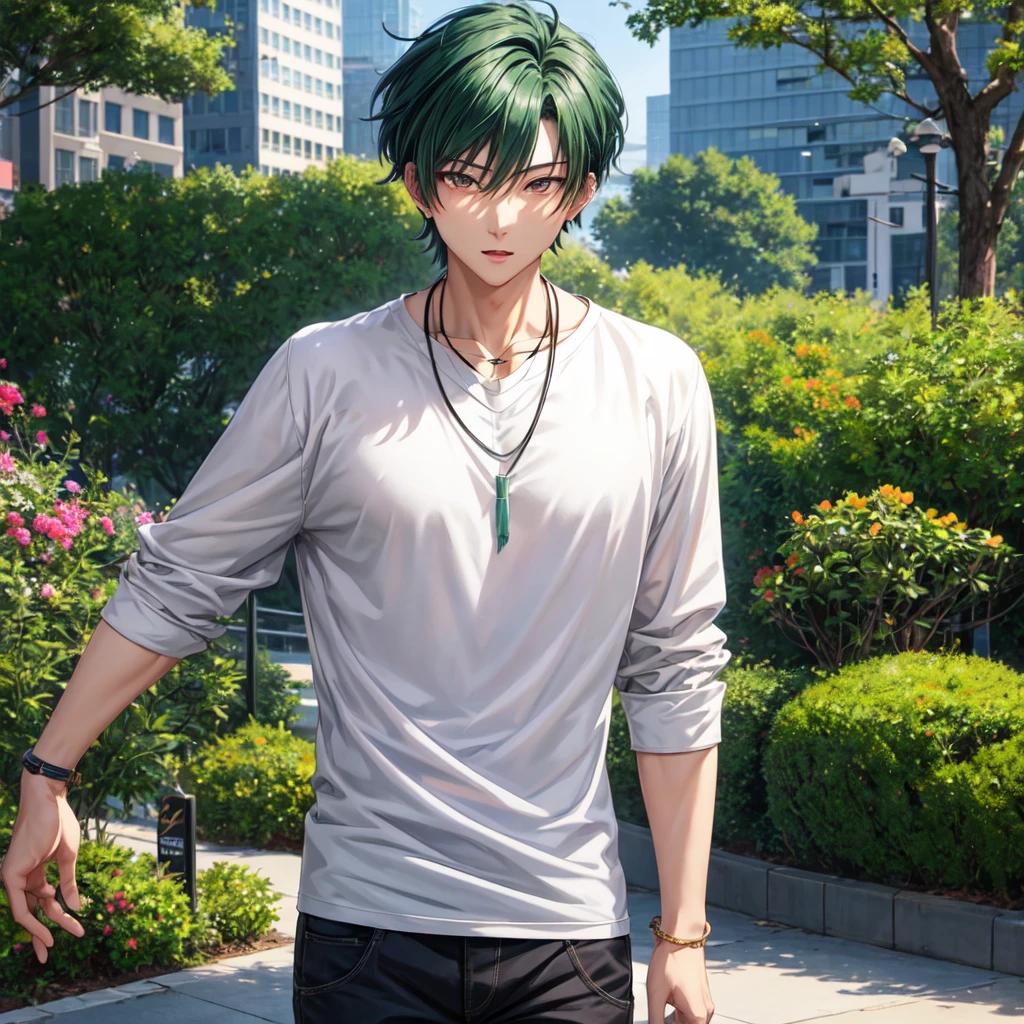 anime panel,upper body, 1Male,solo Korean, attractive man, dark green hair, medium hair, gray slanted eyes, casual clothes, necklace, piercing, park background
