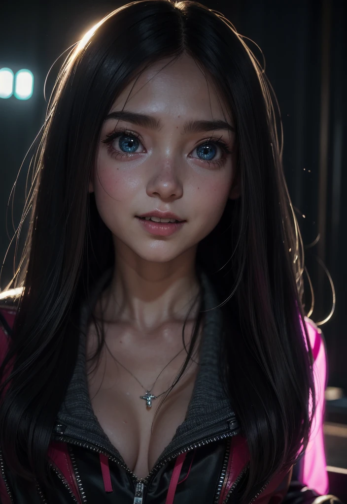 masterpiece, best quality, half body, portrait, night city, 1girl, anime, 3D, Japan, pixar, realistic, teen girl, smiling, cute face, harajuku fashion style, rain coat, beautiful, colourful, neon lights, cyberpunk, smooth skin, illustration, artstation, painting by stanley artgerm lau, sideways glance, foreshortening, extremely detailed 8K, smooth, high resolution, ultra quality, highly detail eyes, highly detail mouth, highly detailed face, perfect eyes, both eyes are the same, true light, glare, Iridescent, Global illumination, (long straight hair), (side comb hair), Big Breasts:1.7, real light, real shadow, real face, hd, 2k, 4k, 8k, 16k, realistic light, realistic shadow, bright Eyes, fluorescent eyes, soft light, dream light