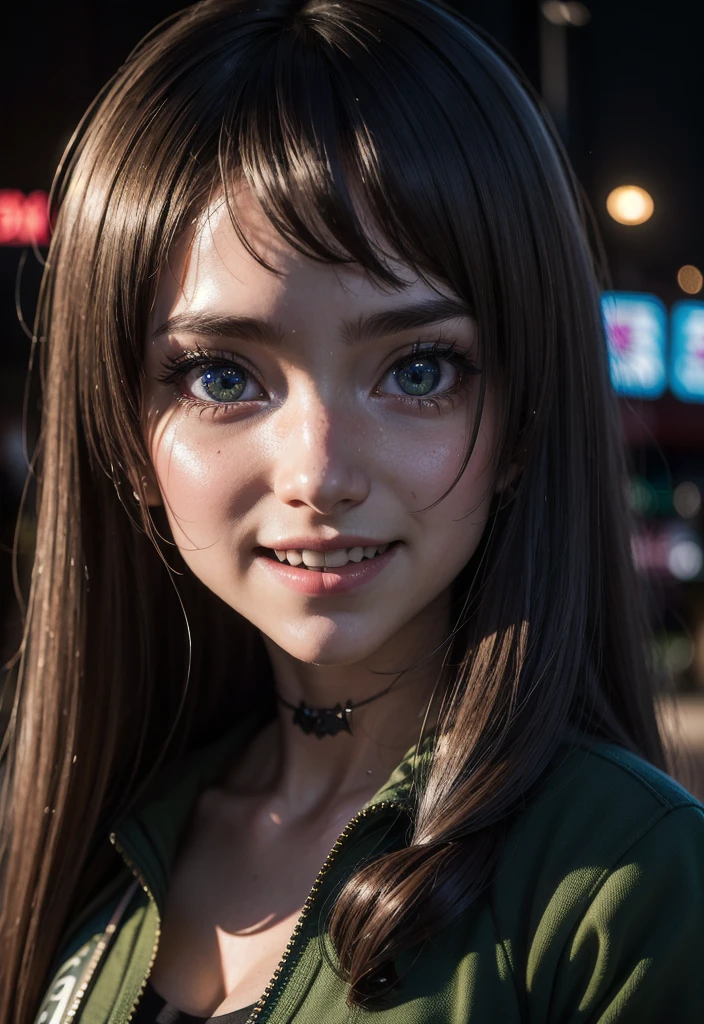 masterpiece, best quality, half body, portrait, night city, 1girl, anime, 3D, Japan, pixar, realistic, teen girl, smiling, cute face, harajuku fashion style, rain coat, beautiful, colourful, neon lights, cyberpunk, smooth skin, illustration, artstation, painting by stanley artgerm lau, sideways glance, foreshortening, extremely detailed 8K, smooth, high resolution, ultra quality, highly detail eyes, highly detail mouth, highly detailed face, perfect eyes, both eyes are the same, true light, glare, Iridescent, Global illumination, (long straight hair), (side comb hair), Big Breasts:1.7, real light, real shadow, real face, hd, 2k, 4k, 8k, 16k, realistic light, realistic shadow, bright Eyes, fluorescent eyes, soft light, dream light