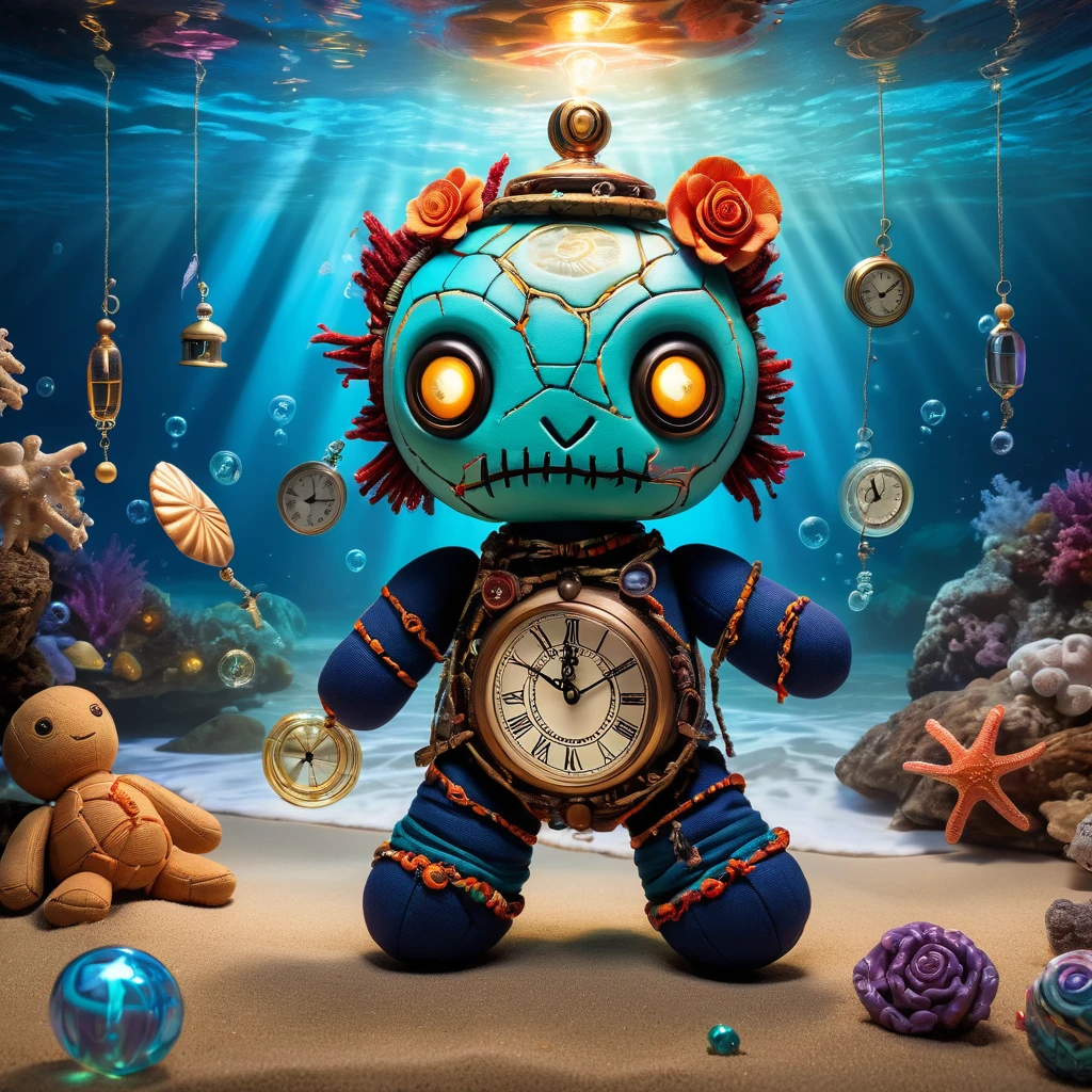 (knitted toy voodoo doll:1.9), (Voodoo Turtle:1.1), (Timekeeper:1.3), (Clothing: ancient shell with glowing time runes:1.0), (Accessories: enchanted hourglass emitting sparks of time magic, levitating spectral clocks:1.1), (background: timeless ocean with floating currents, glowing bubbles, and spectral clocks:1.2), best quality, masterpiece, detailed soft oil painting, detailed background, dramatic cinematic lighting, soft edge lighting, professional, dramatic lighting, hard edge lighting, ultra quality, 4k,masterpiece, best quality, 8k, ultra highres, highres, extremely detailed