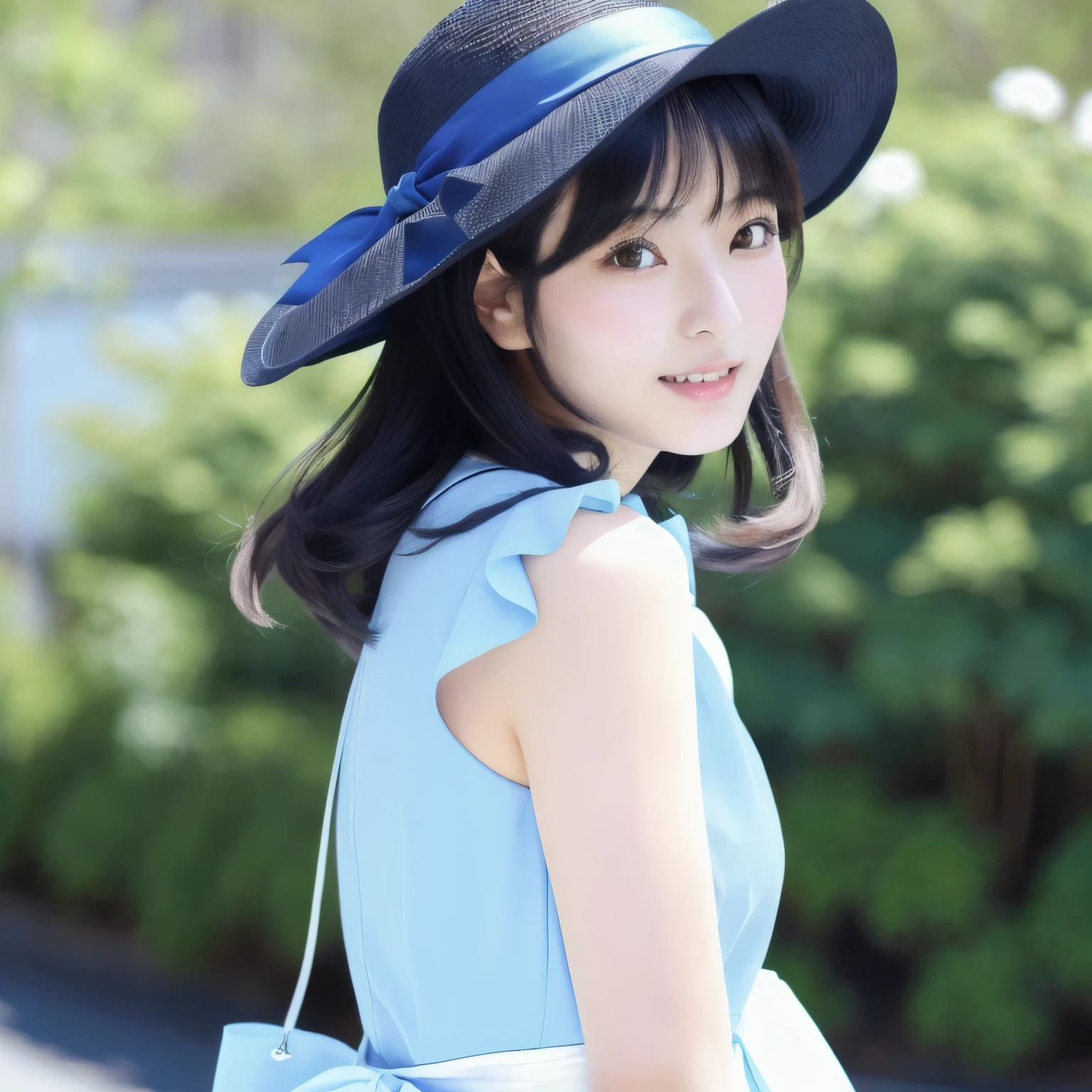 arafed asian woman in a white hat and blue dress, kotegawa yui, shiori teshirogi, ai yazawa, mayuri shiina, kimi takemura, realistic young gravure idol, young gravure idol, hana yata, sui ishida with black hair, yasumoto oka