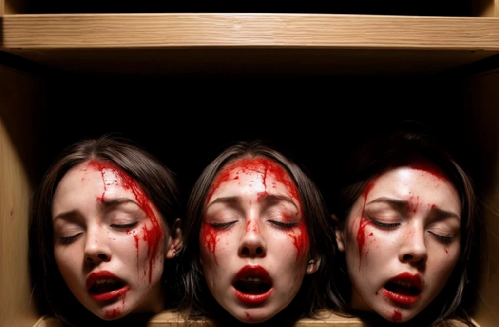 Several decapitated heads of beautiful women, in a cupboard, full of blood, blood flowing, ((eyes closed)), bleeding, photorealistic, 4K, Nikon, horror