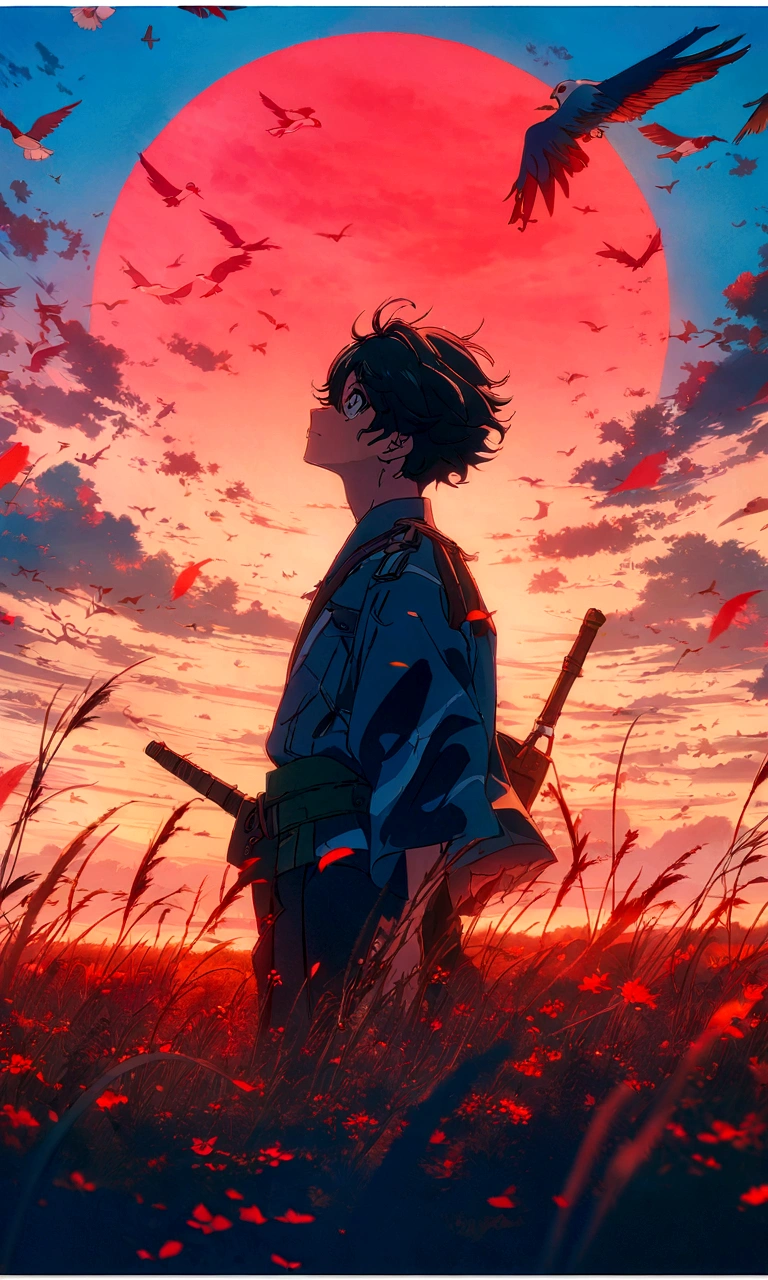 anime boy standing in a field with birds flying around, anime art wallpaper 8 k, anime art wallpaper 4 k, anime art wallpaper 4k, anime wallpaper 4k, anime wallpaper 4 k, 4 k manga wallpaper, 4k anime wallpaper, anime wallpaper, anime style 4 k, makoto shinkai cyril rolando, badass anime 8 k