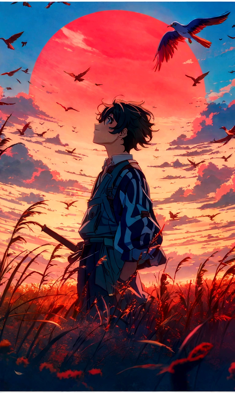 anime boy standing in a field with birds flying around, anime art wallpaper 8 k, anime art wallpaper 4 k, anime art wallpaper 4k, anime wallpaper 4k, anime wallpaper 4 k, 4 k manga wallpaper, 4k anime wallpaper, anime wallpaper, anime style 4 k, makoto shinkai cyril rolando, badass anime 8 k