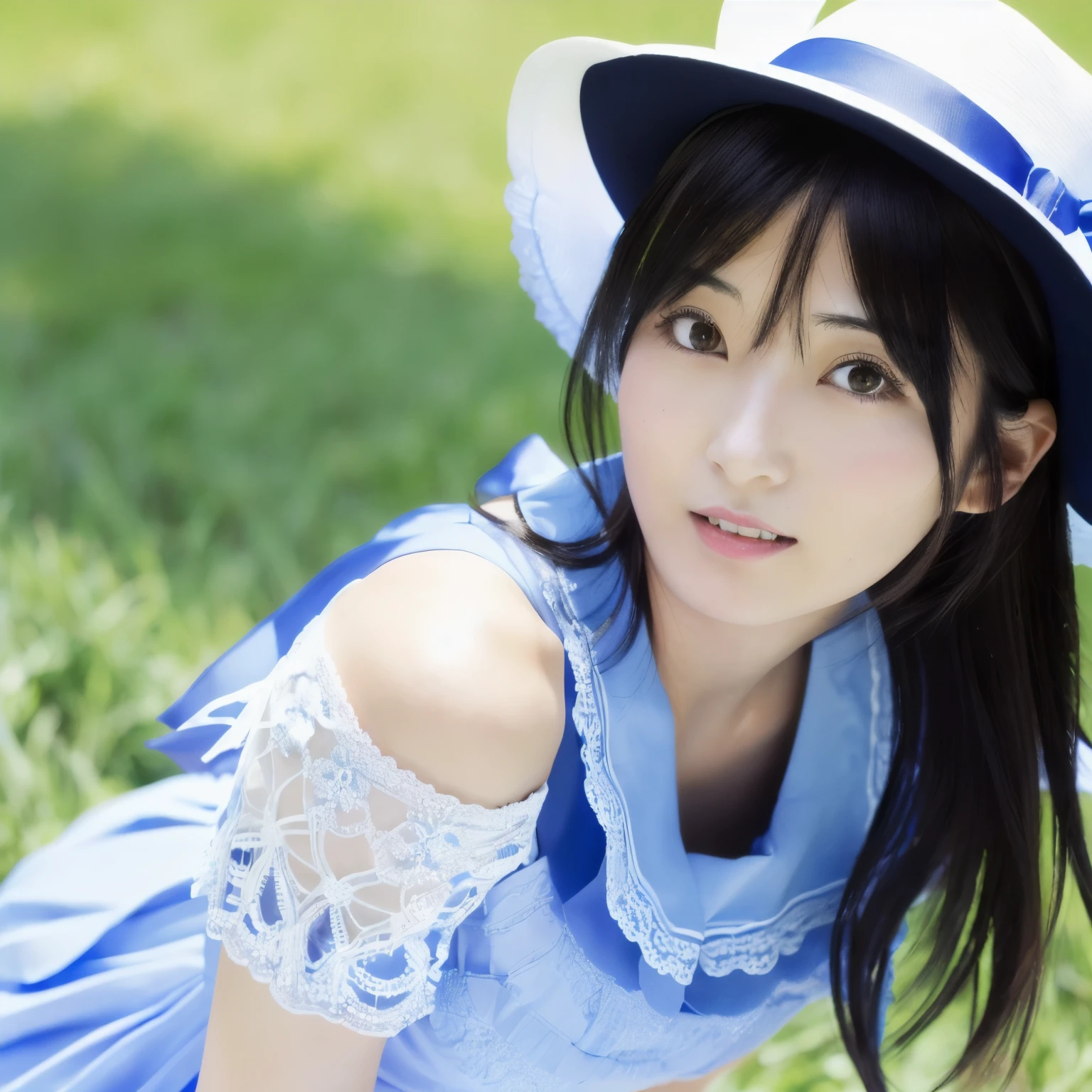 arafed asian woman in a white hat and blue dress, kotegawa yui, shiori teshirogi, ai yazawa, mayuri shiina, kimi takemura, realistic young gravure idol, young gravure idol, hana yata, sui ishida with black hair, yasumoto oka