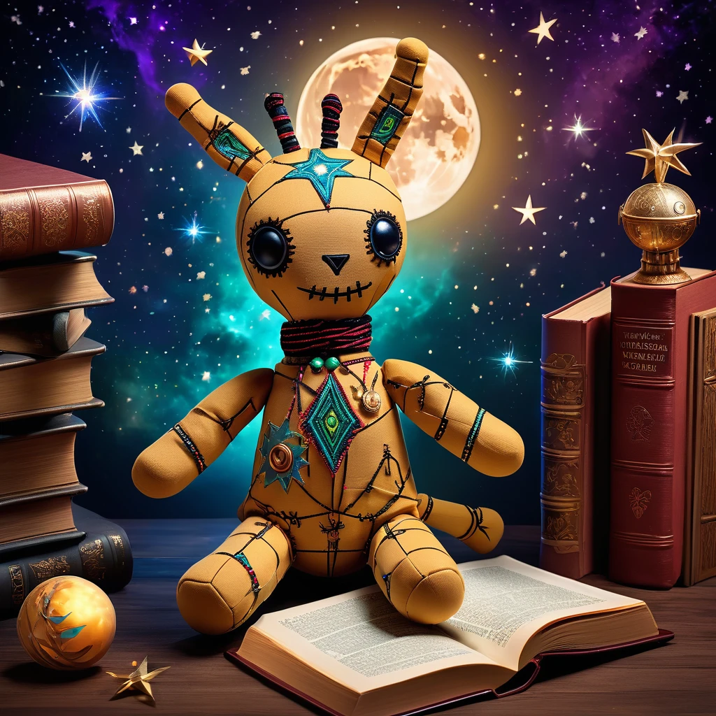 (knitted toy voodoo doll:1.9), (Voodoo Giraffe:1.1), (Sage:1.3), (Clothing: starry cloak with glowing wisdom symbols:1.0), (Accessories: enchanted scroll emitting sparks of knowledge magic, levitating spectral books:1.1), (background: celestial savannah with floating stars, glowing moon, and spectral wisdom:1.2), best quality, masterpiece, detailed soft oil painting, detailed background, dramatic cinematic lighting, soft edge lighting, professional, dramatic lighting, hard edge lighting, ultra quality, 4k,masterpiece, best quality, 8k, ultra highres, highres, extremely detailed