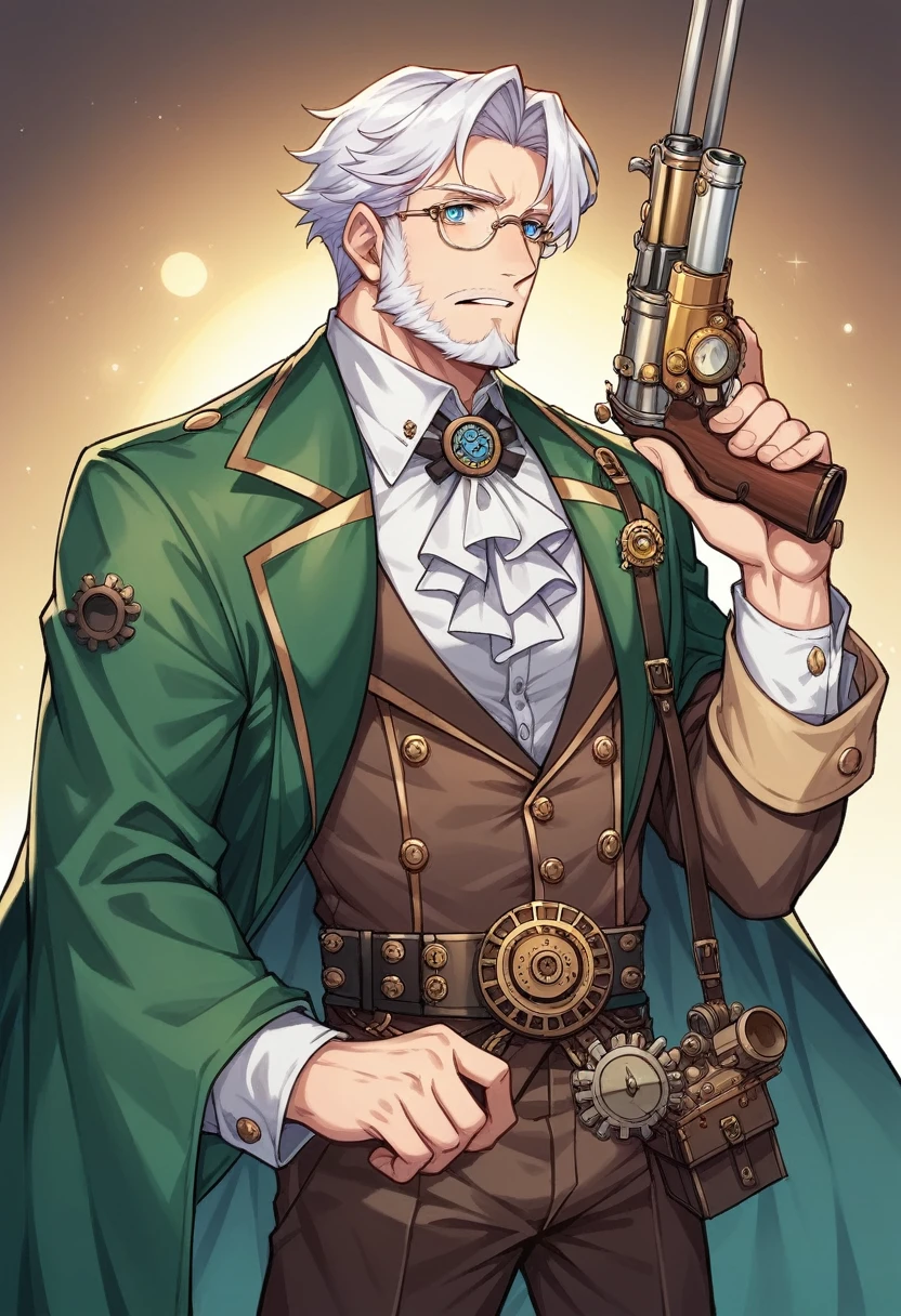 steampunk diner, blacksmith working, male, fully body, lilac eyes, mad look, glad, white hair, big white beard, steampunk glasses, steampunk tool belt, a rifle on the back, and a revolver on his waist, wearing black clothes with silver accessories, wearing a green coat with gold details, metal forge accesses in the background, gear, boxes and miscellaneous parts scattered around
