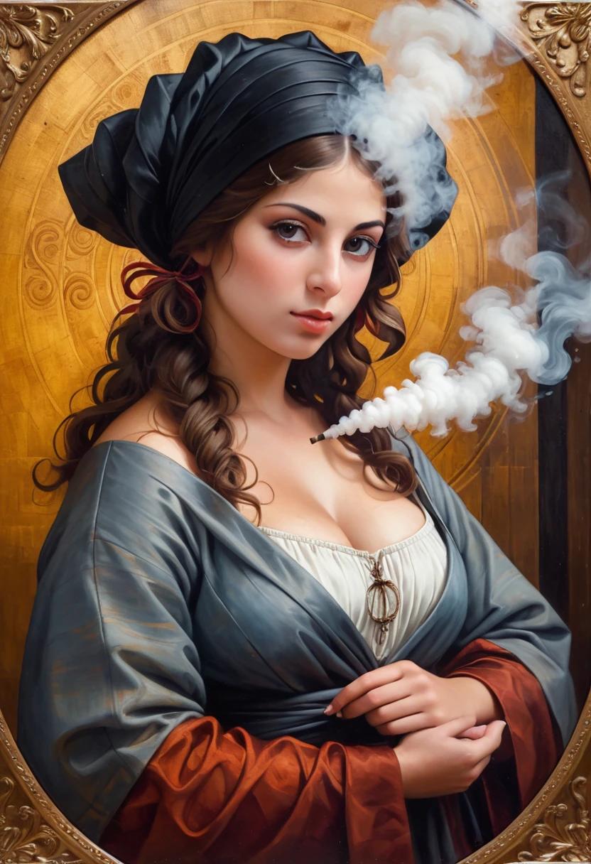 The portrait of a beautiful young peasant woman wrapped in a fantastic atmosphere of smoke with elegantly designed scrolls under the Fibonacci sequence and in the style of Giovanni Belini, in an oil painting on wood in the Venetian technique.