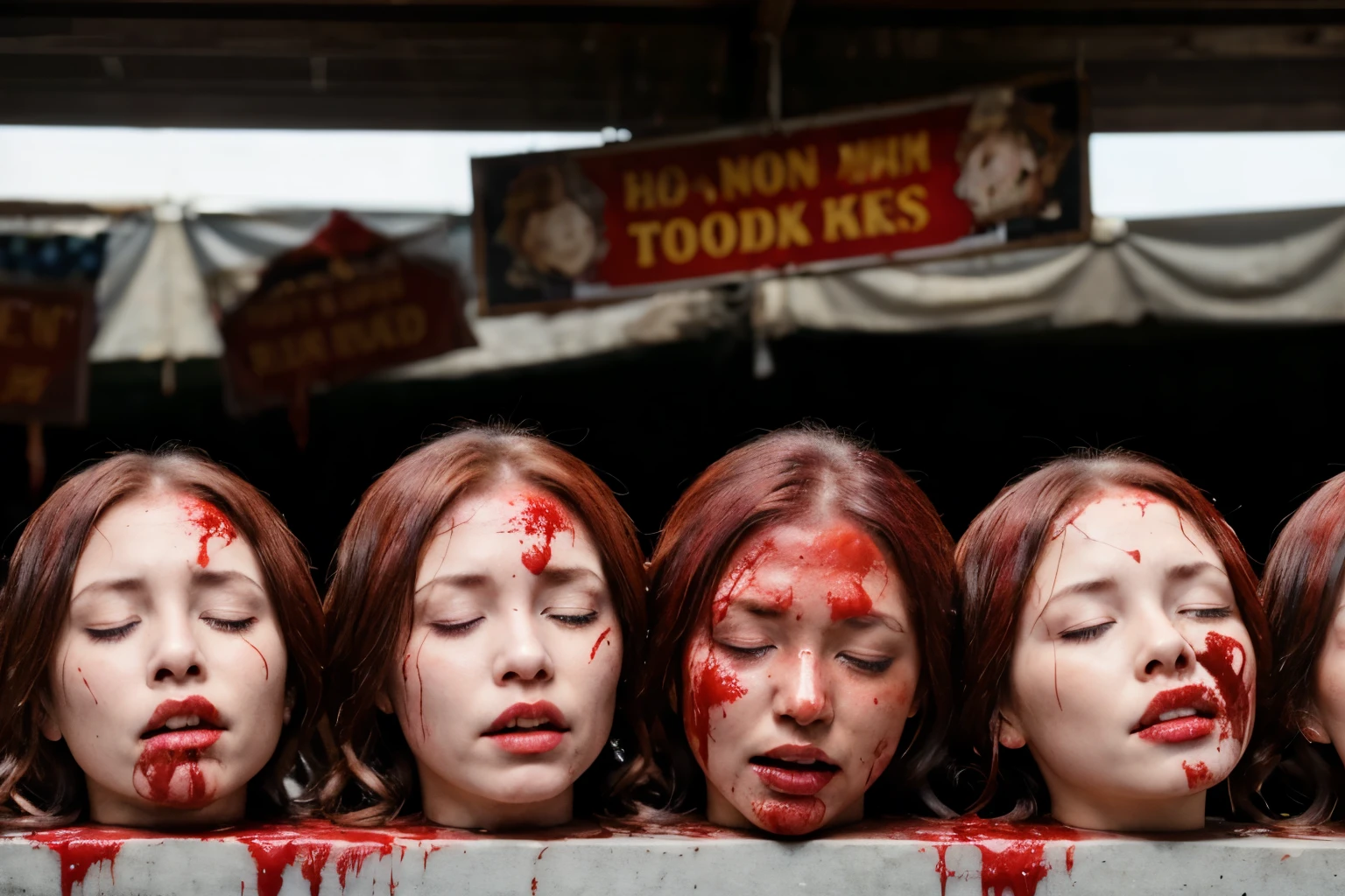 Several decapitated heads of beautiful women, on a table, in a public market, full of blood, blood flowing, ((eyes closed)), bleeding, photorealistic, 4K, Nikon, horror, public market