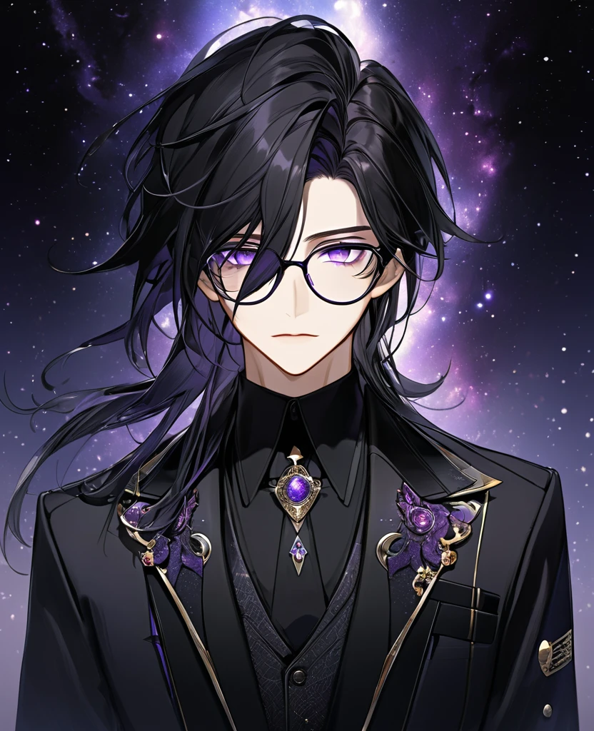 (black_hair), (dark_purple_eyes), (detailed_eyes), (attractive), (emotionless), (Deep_space_background), (male), (wearing _a_black_suit), (long_male_hair), (detailed_Hair), (detailed), (detailed_mouth), (mysterious), (complicated), (wears_transparent_glasses)