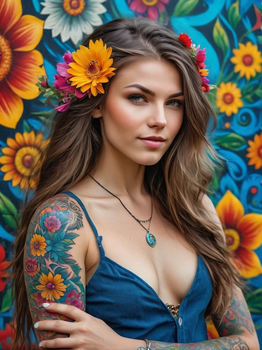 (Rebellious Ukrainian girl),Brightly colored tattoos on arms and legible raised finger:1.3),provocative gestures,long flowing hair,The happy expression is bold and bright should be surrounded by intricate,Detailed flowers and mandalas,anatomically correcte, texturized skin, In front of an urban background,Add whimsy to the scene, To enhance the sharpness and modernity of the scene,Sharp lines,Bold stroke numbers