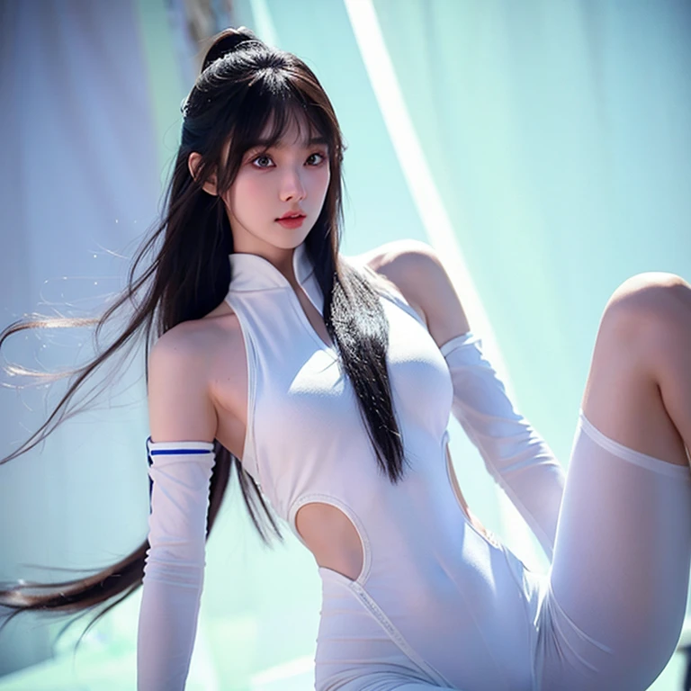 Korean girl, white long hair with bangs, icy blue eyes, white skin, white skimpy ninja suit, video game style, mortal kombat style