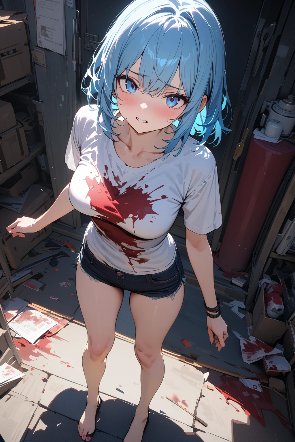 (masterpiece, best quality:1.5), (ultra detailed, high resolution, 8k, beautiful detailed, UHD, best anatomy), pale blue hair, medium breasts, 1 cool girl, A frightened look on your face, full body shot, Numerous bloody wounds, Y-shirt