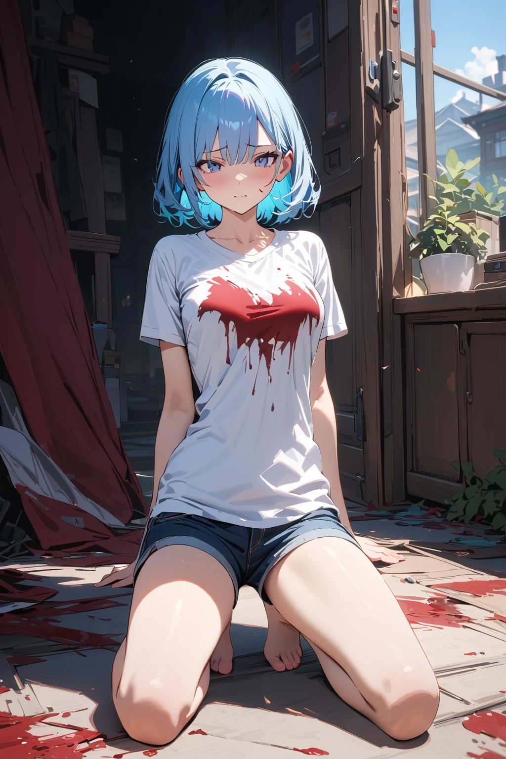 (masterpiece, best quality:1.5), (ultra detailed, high resolution, 8k, beautiful detailed, UHD, best anatomy), pale blue hair, medium breasts, 1 cool girl, A frightened look on your face, full body shot, Numerous bloody wounds, Y-shirt