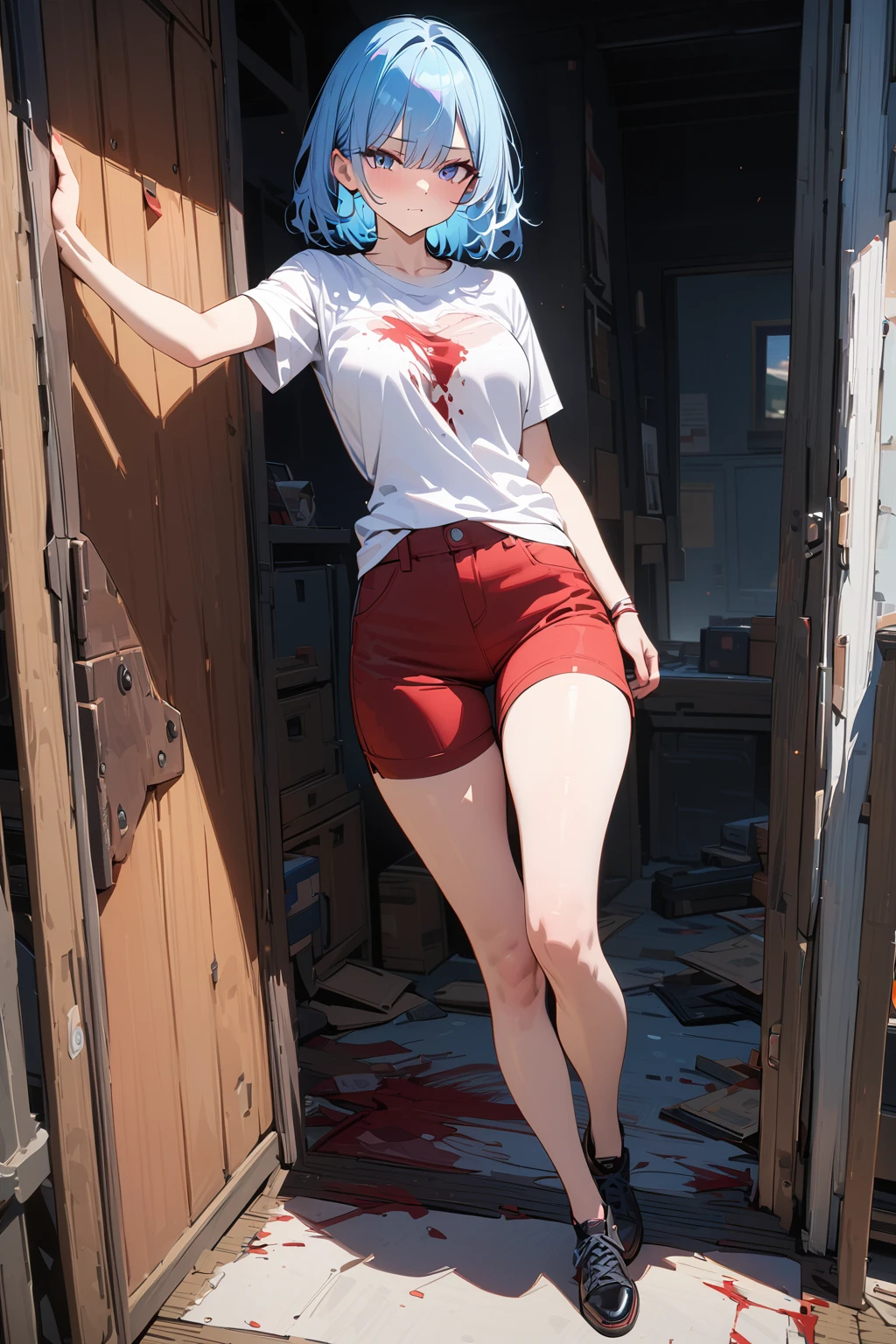 (masterpiece, best quality:1.5), (ultra detailed, high resolution, 8k, beautiful detailed, UHD, best anatomy), pale blue hair, medium breasts, 1 cool girl, A frightened look on your face, full body shot, Numerous bloody wounds, Y-shirt