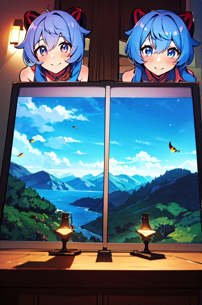 Very detailed,Pieces fly, Highest quality, Anime Images, Anime style etc.., Hired \(Genshin Impact\), Sit at the table, View from above, smile, 1 Girl, Twin Horn, ticker,Fits your body type, I can see the pussy , blush, Colorful pastel fantasy,Sexy pose,Very detailed background,Nice views,Beautiful and beautiful scenery,((Very detailed landscape)),Incredibly high quality,Night Sky